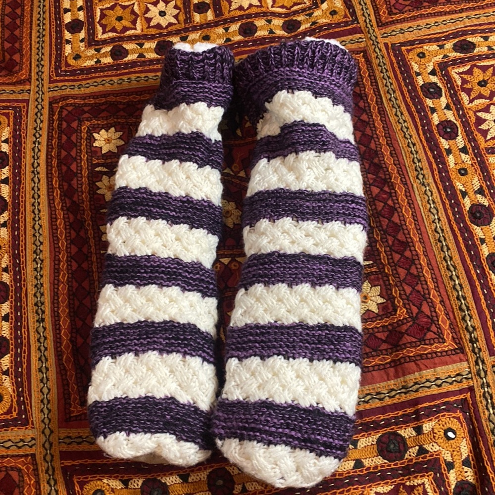 Just Cozy Purple Striped Knit Slipper Socks Sherpa Lined L